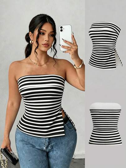 Elenzga 大码女式休闲条纹印花百搭抹胸上衣