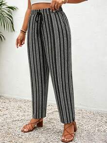 SHEIN Frenchy Plus Size Striped Floral Pattern Tie-Front Casual Pants With Pockets - Multicolor - View 6