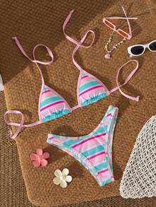 Bonvoyette Swim Vcay 优雅女士 2026 多色波点沙滩泳衣，清新撞色动物纹印花，超柔软塑形弹力罗纹针织挂脖三角比基尼套装，可调节系带挂脖比基尼上衣（带可拆卸胸垫），Y2K 美学高衩性感比基尼下装（撞色条纹图案）。 - 粉色 - 查看 6