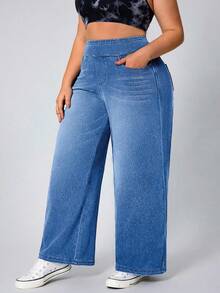 SHEIN CURVE+ Quần jean denim dệt kim co giãn dáng thường ngày dành cho nữ cỡ lớn - Rửa nhẹ - Xem 7