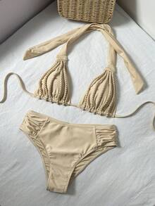 Women's Elegant Casual Vacation Halter Bikini Set, Handmade Rope Island Pool Party Swimsuit - Beige - View 2