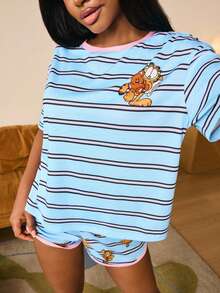 GARFIELD | SHEIN 女士卡通印花短袖T恤和短裤睡衣套装 - 藍色 - 查看 5