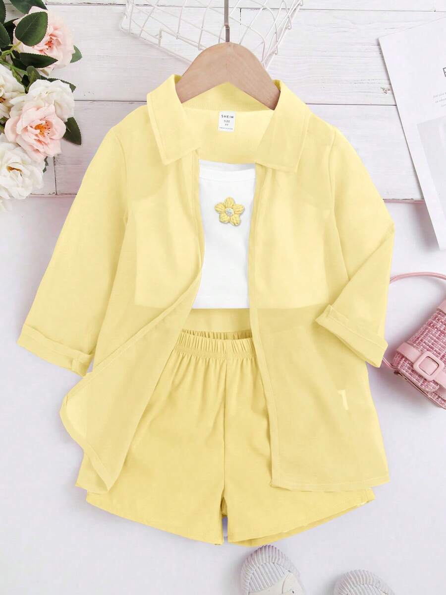 Genkimix Kids 少女花卉刺绣吊带背心、纯色衬衫和短裤休闲套装 - 黃色 - 查看 1