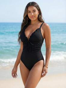 Breezaya 1pc Women's Solid Color Front Tie Ruffle One-Piece Swimsuit For Summer Beach Vacation - Black - View 3