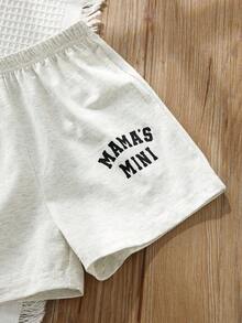 Cozy Pixies Bộ 2 món gồm áo thun ngắn tay cổ tròn in chữ và quần short cạp chun cho bé trai và bé gái, trang phục thường ngày mùa xuân/hè. - Xám - Xem 6