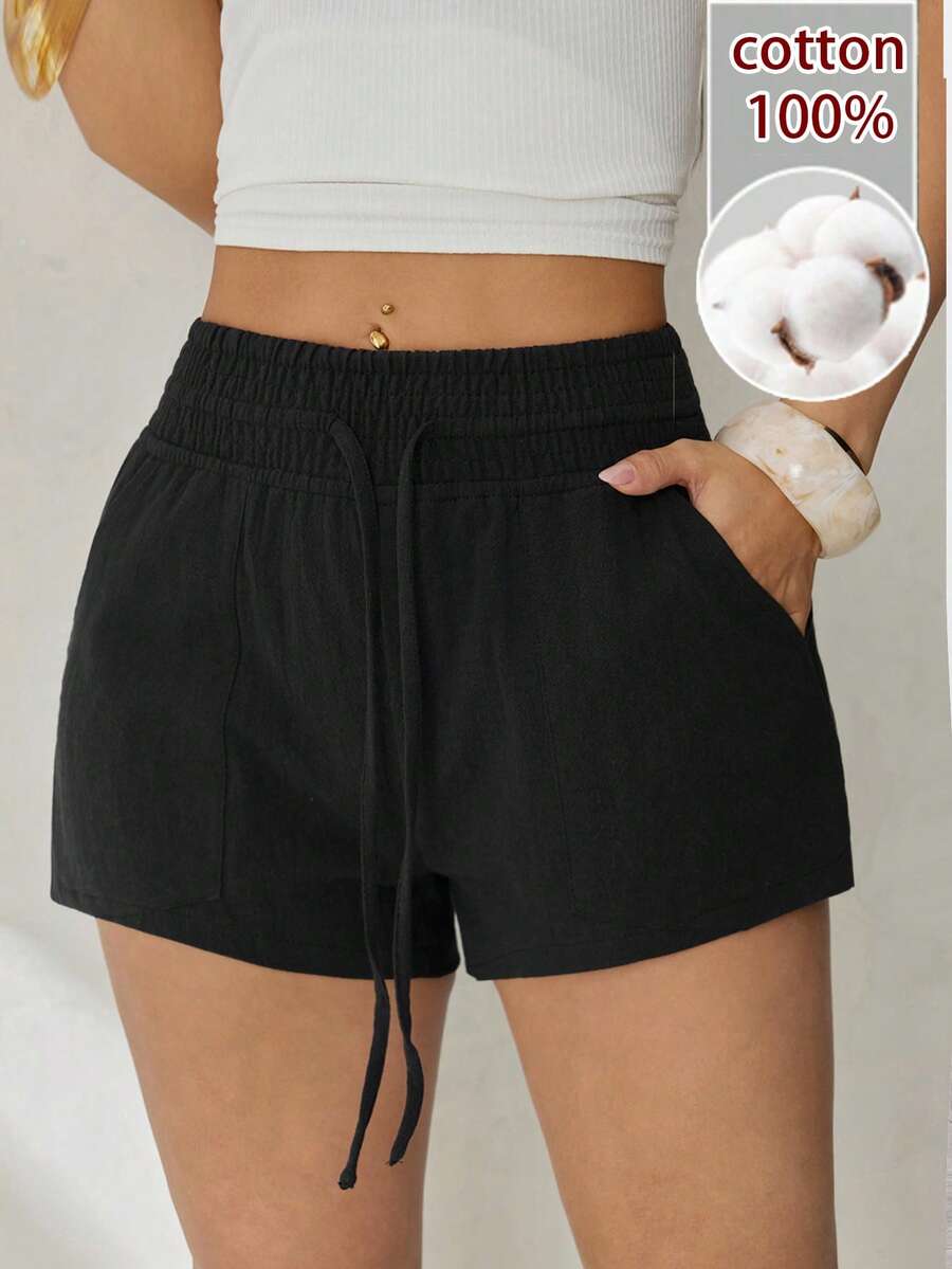 SHEIN PETITE Quần short nữ dáng suông, cạp chun, túi xéo, màu trơn, đa năng cho đi làm hàng ngày, quần short đen mùa hè cho nữ, quần short nữ mùa hè thoải mái. - màu đen - Xem 1