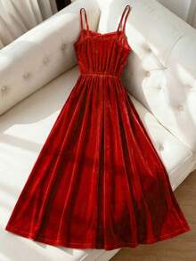 Franclia New Spring/Autumn High-End Embroidered Spaghetti Strap Slimming A-Line Velvet Glossy Women's Dress, Elegant, Suitable For Spring And Summer Outings, Vacations, Casual Wear, Y2K Style, Graduation Season, Fashionable Outfit, Versatile, Commute, Sexy, Women's Red Dress, Embroidered, Women's Spring/Summer DressGraduation Season Attire, Fashionable Casual Commuter Wear, Business Office Wear, Versatile And Stylish Everyday Casual Wear, Urban Teacher's Professional Attire - Red - View 2