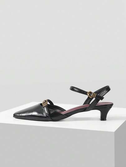 Mnmlis Black Pointed Cat Heel Empty Shoes, Women's Wrinkled PU Leather Elegant Daily Shoes