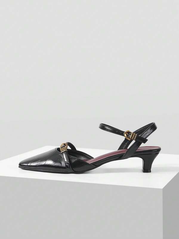 Mnmlis Black Pointed Cat Heel Empty Shoes, Women's Wrinkled PU Leather Elegant Daily Shoes