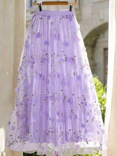 Women Sweet Fairy Tulle Midi A-Line 3D Floral Detail Loose Elastic Waist Spring Summer Party Casual Skirt