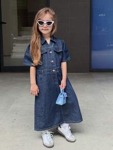 DAZY Đầm denim dài tay ngắn cổ bẻ, thắt eo dành cho bé gái (Size nhỏ) - Màu xanh hải quân - Xem 4