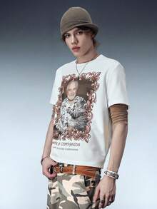ROMWE MEN Street Life Men's Waffle Texture Portrait T-Shirt - White - View 7
