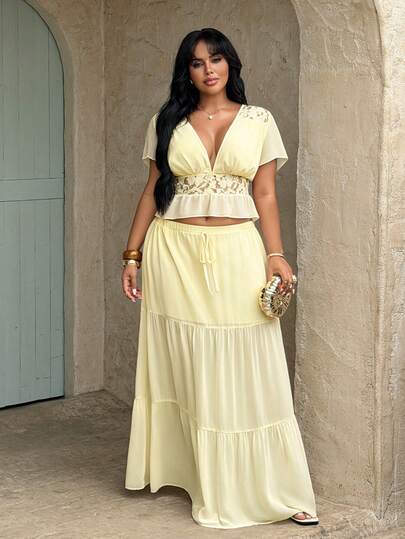Rustia Women's Lace Trim Chiffon Ruffle Hem Green Casual Holiday Vacation Crop Top Paired With Matching Layered Tie-Waist Maxi Chiffon Skirt, Sexy Holiday Outfit, Casual Summer Vacation Fashion