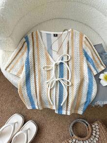 SHEIN LUNE 大码女式夏季休闲系带短袖衬衫 - 彩色 - 查看 4