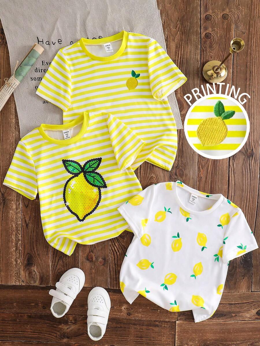 3pcs/Set Girls Toddler Digital Print Short Sleeve Round Neck T-Shirts, Spring/Summer - Multicolor - View 1