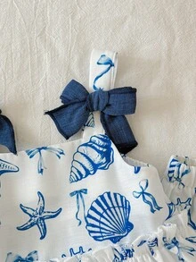 SHEIN Bộ 2 món cho bé gái mùa hè, kiểu dáng dễ thương, đi nghỉ mát, in họa tiết, áo hai dây và quần cạp chun. - Nhiều màu - Xem 6