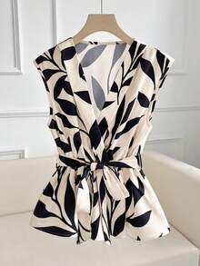 SHEIN Ladiora Sleeveless V-Neck Criss-Cross Cinched Waist Bow Ruffle Hem Fashionable Versatile Women Blouse Eleganza Office - Multicolor - View 4