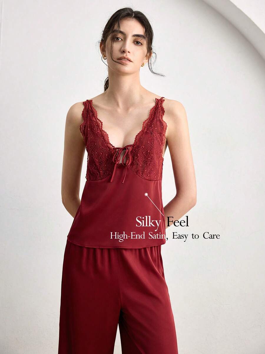 Ocili Bộ đồ ngủ 2 món kiểu Bohemian gồm áo hai dây và quần viền ren, đồ ngủ thoải mái cho nữ. - Màu Đỏ Sâu - Xem 1