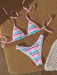 Bonvoyette Swim Vcay 优雅女士 2026 多色波点沙滩泳衣，清新撞色动物纹印花，超柔软塑形弹力罗纹针织挂脖三角比基尼套装，可调节系带挂脖比基尼上衣（带可拆卸胸垫），Y2K 美学高衩性感比基尼下装（撞色条纹图案）。 - 粉色 - 查看 7