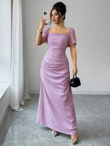 SHEIN Elenzya Square Neck Waist Cinched Elegant Romantic Refined Women's Dress, Short Sleeve - Mauve Purple - View 5