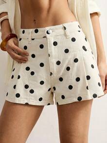 Bohemela Women's Polka Dot Print Pocket Button Denim Shorts - Black and White - View 3