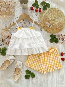 Babygirl Summer Cute Vacation Ruffle Camisole Top And Plaid Shorts Set - Yellow - View 3