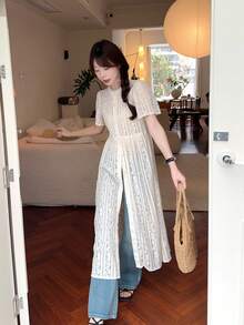 DAZY Damen Rundhals Spitzen Kurzarm Maxikleid, Koreanischer Stil für Frühling/Sommer Sonnenkleider für zierliche Frauen - Aprikosenfarben - Übersicht 4