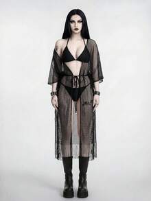 ROMWE Goth 女士优雅哥特风网纱透明流苏系带泳衣罩衫，适合海滩、度假、春夏秋季穿着 - 黑色 - 查看 7