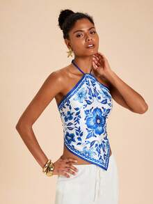 Travachic Áo hai dây cổ yếm in hoa màu xanh trắng dành cho nữ, thích hợp cho kỳ nghỉ. - Xanh và trắng - Xem 4
