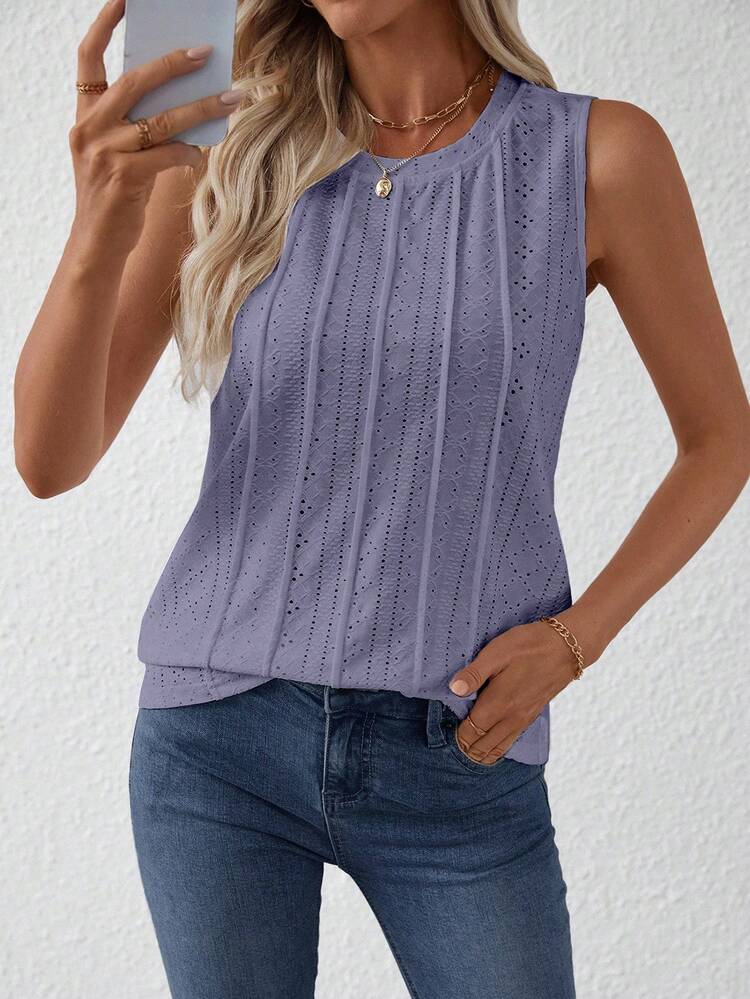 Áo tank top nữ cổ tròn không tay, chất liệu vải dệt họa tiết, thích hợp mặc mùa xuân/hè. - Màu tím - Xem 6