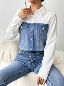 SHEIN Clasi 女士休闲牛仔效果纽扣长袖衬衫，秋季款 - 彩色 - 查看 3