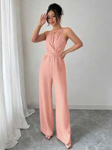 Elenzga 女式休闲卡其色褶皱面料吊带串珠设计腰部纽扣系带长款连体裤，春夏 - 藕粉色 - 查看 7