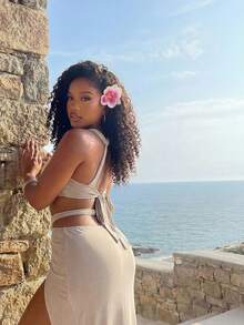 BamGleam Ensemble décontracté d'été pour femmes, tenue de vacances à la plage. Débardeur court sexy à une épaule kaki avec jupe mi-longue - Kaki - Voir 2