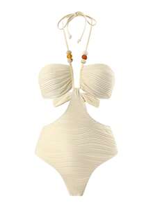 Swim Vcay Spring/Summer Solid Color Strapless Backless Tie Beaded Decor High Cut One-Piece Swimsuit For Beach Holiday Vacation Holiday Beige Casual - Apricot - View 2