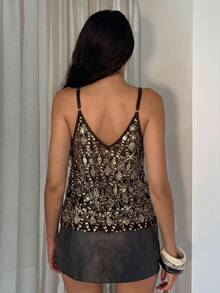 Glamine Top de tirantes con flores y adornos de lentejuelas para mujer - Marrón - Ver 2