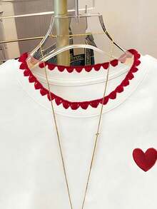 青少年女孩經典紅色狗牙刺繡愛心圖案圓領短袖休閒百搭白色T恤，舒適柔軟寬鬆版型圓領短袖T恤，適合春/夏日常、居家、度假、節日、春季氛圍、夏季氛圍、春季與夏季、輕鬆舒適、休閒穿搭、兒童花卉圖案、新風格、悠閒、春季氛圍悠閒夏季假期 - 白色 - 查看 3