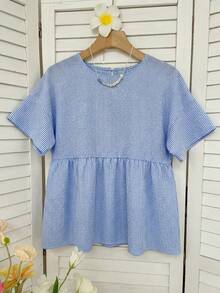 SHEIN EZwear 大码女式条纹宽松圆领短袖衬衫 - 藍白色 - 查看 6