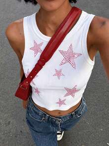 Rovax Women's Fitted Round Neck Tank Top With Star Rhinestone Decor - White - View 3