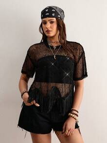 Freevana Áo thun ngắn tay đính sequin, viền tua rua khoét rỗng, đa năng, dành cho nữ, cỡ lớn. - màu đen - Xem 3
