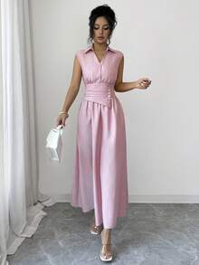 Selianne Vestido largo sin mangas de estilo francés elegante para mujer, diseño sofisticado, sensación de gracia de alta calidad, adecuado para el trabajo, los viajes, las vacaciones, el estilo callejero, un elemento esencial de la moda de verano, diseño de nicho, vestido largo versátil - Rosa - Ver 8