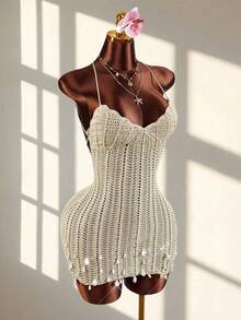 Amplova Vestido mini con escote con forma de concha, espalda cruzada y sin espalda, sexy y vanguardista, adecuado para atuendo de vacaciones - Marrón - Ver 3