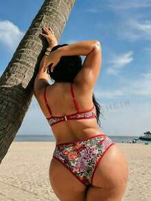 SHEIN Swim SXY 2pcs Plus Size Women Floral Print Spaghetti Strap Triangle Bikini Swimsuit, Sexy Vacation - Multicolor - View 2