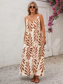Linhara CURVE Vestido de verano sin mangas, holgado y casual con estampado de hojas de bambú para vacaciones - Albaricoque - Ver 4