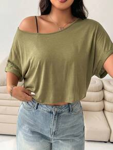 Solflare 大码女式夏季休闲度假日常通勤纯色不对称领蝙蝠袖宽松半透明T恤 - 軍綠色 - 查看 3