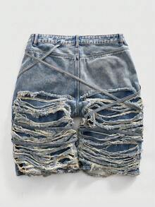 Street Life Spring/Summer Casual Graphic Men'S Distressed Denim 3/4 Length Blue Shorts - Blue - View 2