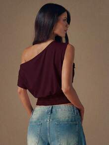 SHEIN BAE 黑色针织蕾丝拼接不对称肩部时尚女式上衣，秋冬款 - 紫紅色 - 查看 2