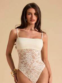 SHEIN BAE Áo hai dây ren đen phối ren mỏng gợi cảm, áo hai dây ren đen mùa hè, thích hợp cho các lễ hội âm nhạc, áo hai dây gợi cảm để đi chơi. - Màu be - Xem 6