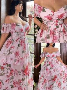 Lyrianda Plus Size Women's French Elegant Floral Print Sweet Off-Shoulder Dress - Pink - View 1