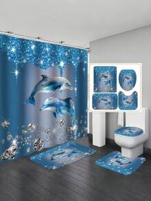 1 pieza/ 4 piezas Juego de cortina de baño de lujo con delfín y diamantes Conjunto premium de poliéster impermeable y resistente al moho, extra ancho, decoración de baño con estampado de animales marinos, estilo moderno azul y plateado, regalos de - Multicolor - Ver 1