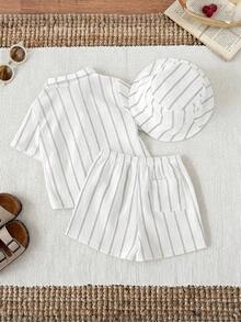 SHEIN Bộ 3 món cho bé trai/bé gái, gồm áo sơ mi ngắn tay kẻ sọc kaki, quần short và mũ chống nắng, thích hợp cho mùa xuân/hè. - trắng - Xem 2